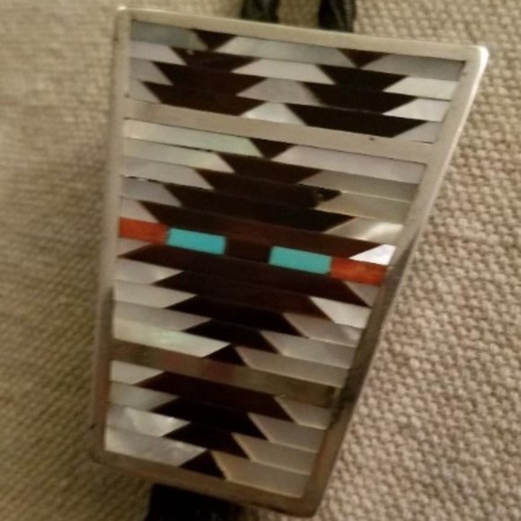 Vintage Dishta Zuni Native American Bolo Tie Sterling Silver MOP Geometric Inlay